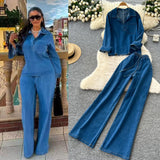 Wind High-End Retro Lapel Long-Sleeved Cowboy Topess 2025 Autumn Dress High-Waisted Casual Broad-Legged Straight