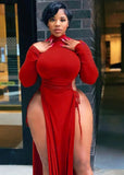 Plus Size Sexy High-Neck Long Sleeve Wasit Tie Slit Long