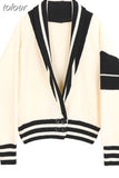 Patchwork Coat For Women V Neck Lantern Long Sleeve Striped Hit Color Knitting Cardigan Female 2023 Autumn New