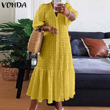 Summer Shirt Dress Women Casual Half Sleeve V Neck Button Down Pleated Long Dresses VONDA Ladies 2022 Bohemian Vestidos