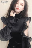 Sexy Hollow Out Blouse Women 2023 Korean Fashion Shirt Elegant Ruffles Velvet Blusas De Mujer Black Turtleneck