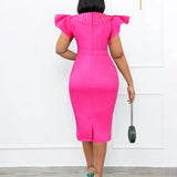 Women's Clothing 2025 New Round-Neck Lotus Leaf Sleeves Open Nail Beads OL Dress Dress Dress
