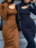 Knitted Women's Solid Slim Midi Dress 2022 Autumn Mock-neck Hollow Out Long Sleeve Dresses Ladies Sexy Elegant