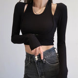 Sexy Slim Long Sleeve T-shirts Hollow Out Crop Top Women Tunics Kpop Button Patchwork T Shirt Fake Two-piece