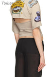 Fashion Women's T-shirt Loose Round Neck Half Sleeve Backless Cartoon Print Khaki Short Tops Cotton Summer 2023 New