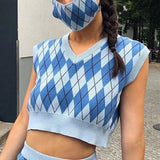 Style y2k Knitted Pullover Crop Tops Women Vintage Argyle Aesthetic Top Strawberry Print Harajuku Tank