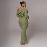 Draped Off-Shoulder Long Sleeve Top And Maxi Skirt Set-Outfit
