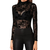 Mesh Top y2k Clothing Women Gothic Punk Clothes Sheer See Through Turtleneck Long Sleeve T Shirt Sexy Tees Party