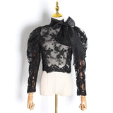 Lace Embroidery Perspective Shirt For Women Stand Collar Puff Long Sleeve Slim Blouses Female Fashion
