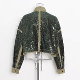 2023 Autumn Women's Autumn jackets New Fashion Round Neck Loose Zipper Pocket Long Sleeve Sequined Short Coat Female