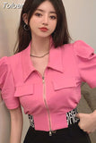 Blusas De Mujer Summer Blouses for Women Puff Sleeve Zipper Crop Tops Temperament Shirts Fashion Korean Tunic White
