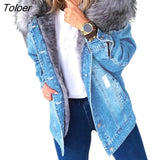 Women Jacket Ripped Plush Streetwear Slim Buttons Denim