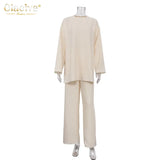 Fashion Loose 2 Piece Pants Set Women Casual Long Sleeve T-Shrit Matching Wide Trousers Suit Vintage High Wasit Pant