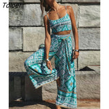 Boho Vintage Pattern Print Women 2 Piece Set Spring 2023 Midriff Baring Wide Leg Pant Retro Chic Beach Vacation Women