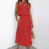 Casual White Solid Women Skirt Set Sleeveless Crop Tops And Button Pockets Long Skirts Ladies Suit Summer Beach Style