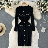 Pocket Fashion Women Sweater Dress V Neck Chain Long Sleeve Bodycon Dress Female Elastic Solid Warm Knitted