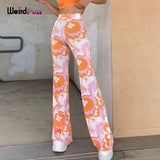 Puss 2021 New Thin Wide Leg Pants Chic Women Orange Printed Streetwear Stretchy Casual Female Elegance Wild Slim