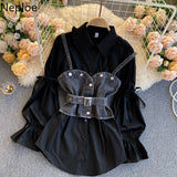 Two Pieces Outfits for Women Vintage Shirts Fashion Puff Sleeve Blouses Loose Denim Shirt Jeans Tops Vest Korean 2 Piece