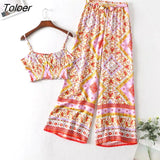Boho Vintage Pattern Print Women 2 Piece Set Spring 2023 Midriff Baring Wide Leg Pant Retro Chic Beach Vacation Women