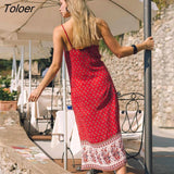 Backless Split Floral Printed Summer Strap Midi Dress Sleeveless Vintage Cami Vestidos Beach Boho Casual Women Slip