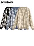 women plaid pattern cardigan vintage jumper 2022 autumn winter oversized knitted cardigan