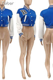 White Color Block Splice Baseball Coat Women Casual Single-breasted Full Sleeve Jacket Active Wear Running Cropped