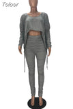 Ruched Drawstring 2 Piece Set for Women Otufits One Shoulder Long Sleeve Crop Top and Stacked Skinny Pant Loungewear