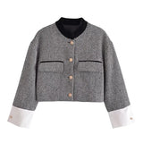 Gray Woolen Tweed White Cuff Crop Jacket Coat Single Breasted Office Ladies Autumn Winter Casual Outwear 2022 Za Women