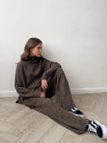 High-Neck Open Fork Wool Sweater Set Women's Loose Casual Lazy Knitting Trousers