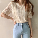 Top Retro Women's Summer 2025 New Lace Lace Hollow Shirt Temperament Slim Chic Short-Sleeved