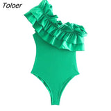 2021 Women Sexy Pleat Ruffles Single Shoulder Green Asymmetric Slim Bodysuits Ladies Summer Chic Knitting Rompers