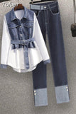 Popular Street Style Elegant Women's Pants Set Fashion Denim Shirt Blue Jeans Two-piece Set Famele Tracksuit