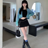 E Girl Black Mini Skirt Women Punk Sexy Chain Belt Slit Korean Cute High Waist A-line Micro Skirt Y2K Skort