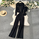 Feel Set 2025 Spring Women's Metal Buckle Vest Knitted Open-Shirt Broad Leg Pants Fashion Three-Piece