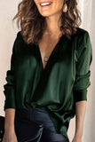 V-neck Solid Chiffon Color Temperament Commute Satin Long-sleeved Green