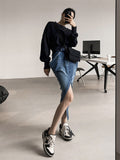 Blue Denim Skirt For Women High Waist Solid Minimalist Loose Midi Dresses Female Korean Fashion Summer Clothing