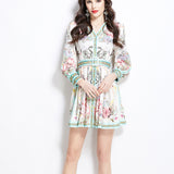 Dress Women 2025 New High-End Sense V To Receive Waist Thin Temperament Retro Print Long-Sleeved A-Word