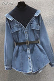 Popular Autumn New Style Personalized Denim Splice Shirt Casual Wide Leg Trousers Two Piece Elegant Women's Pants