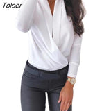 Spring Autumn Fashion Elegant Shirt Women Autumn Sexy Long Sleeve Deep V Neck Solid Color Blouse Top Slims Fit