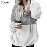 Fashion Women Plush Hooded Sweatshirt Patchwork Long-Sleeved Causal Hooded Sweatshirt For Female