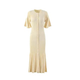 Elegant Knitted Dress Round Collar Single Buckle Horn Sleeve Fishtail Dress Medium Long