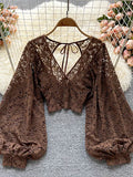 Autumn Black/White/Brown Sexy Lace Blouse Women Elegant V-Neck Puff Long Sleeve Open Back Short Tops Female Party Blusas
