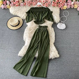 Summer Green/Black/Red Two Piece Set Women Sexy Slash Neck Short Tops + High Waist Wide Leg Pants Female Suit New