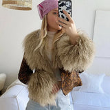 Sweetown Fur Trim Leopard Jackets Y2K Coats Women Vintage Grunge High Street Outwear Button Up Elegant Fashion Autumn