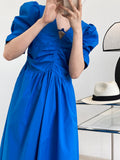 Ruched Shirred Waist Puff Sleeve Buckle V-neck Dress Blue Black White Summer Elegant Short Sleeve Women Long