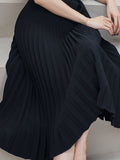 Fashion Women's Dress New Solid Color Slim Sloping Shoulders Turn-down Collar Pleated Dresses Female Summer 2023