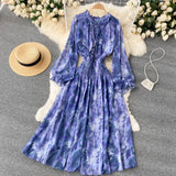 Autumn Women Blue/Red/Black Printed Party Dress Bohemian Puff Long Sleeve High Waist Ruffle Collar Midi Robe Female Vestidos