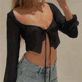 Aesthetic Crop Top Summer Women Lace Up Long Sleeve T Shirt See Through Mesh Clothes y2k Streetwear Club Party