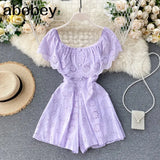 Slash Neck Women Jumpsuits 2022 New Sweet Ruffles Hollow Solid Rompers Summer Fashion Wide Leg Short