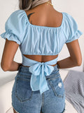 Neck Crisscross Flounce Sleeve Cropped